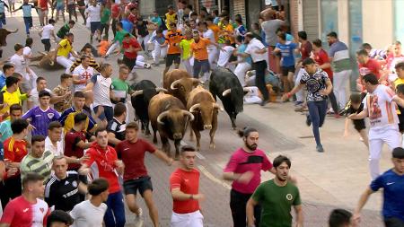 Imagen Velocidad y riesgo, con la caída de un novillo, en el cuarto encierro de...